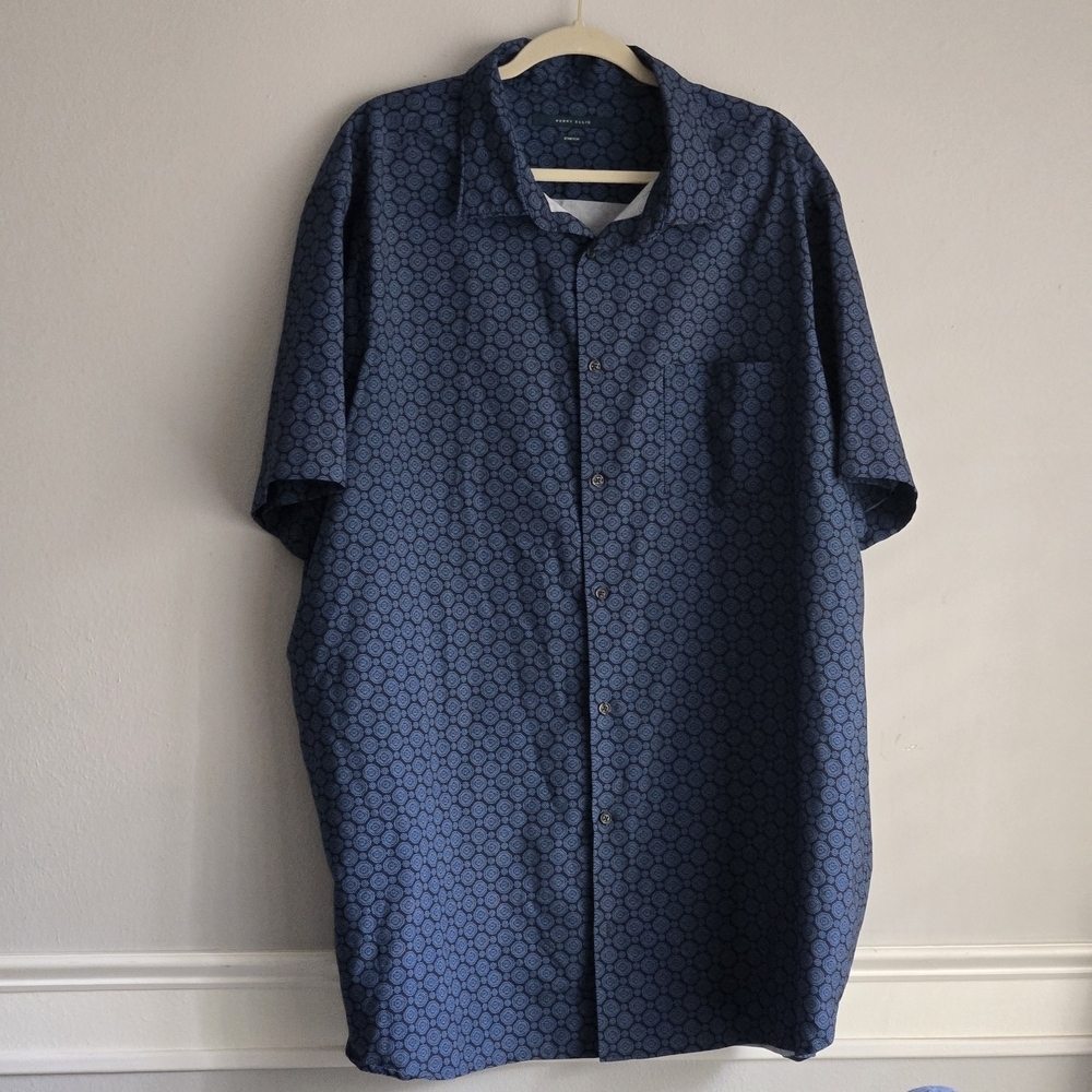 Perry Ellis Men’s 2XLT Stretch Blue Patterned Short Sleeve Button Up Shirt - Picture 2 of 15